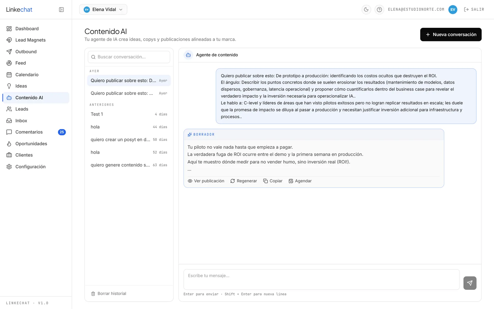 Chat del Redactor IA de LinkeChat mostrando el borrador de un post escrito en la voz del usuario antes de programarlo