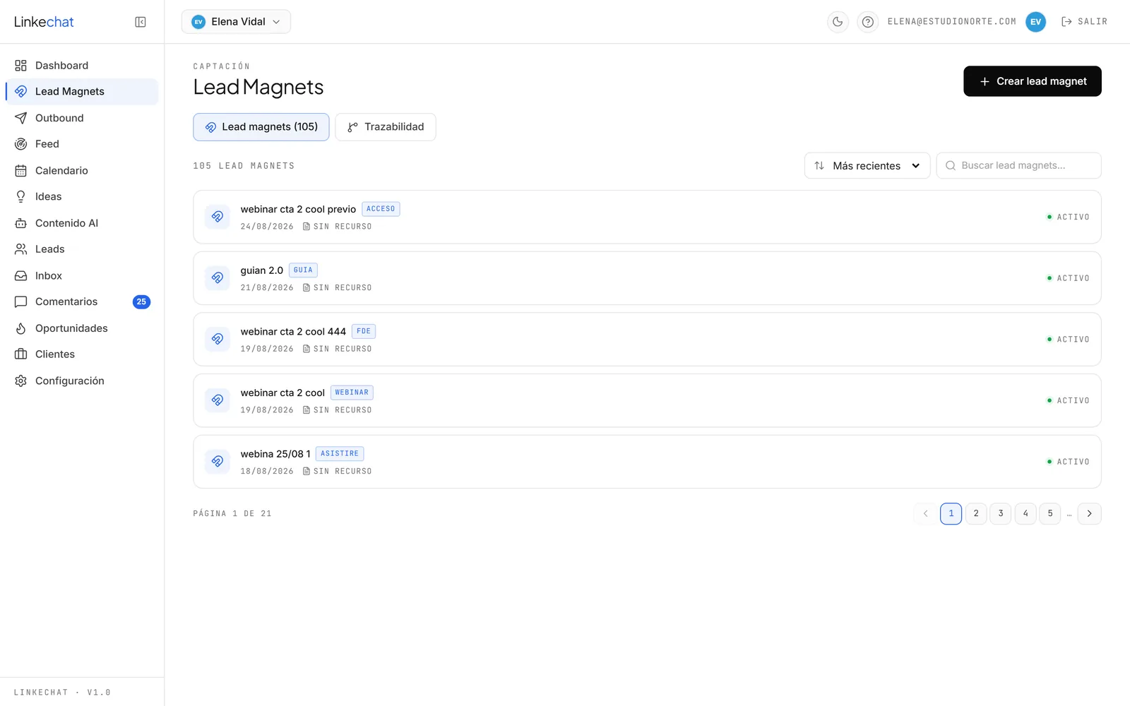 Configuración de un lead magnet en LinkeChat con post de origen, palabra clave, tipo de reacción y recurso a entregar por mensaje